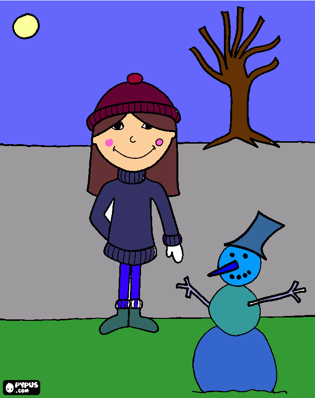 una niña en invierno, dibujo pintado con colores frios para colorear
