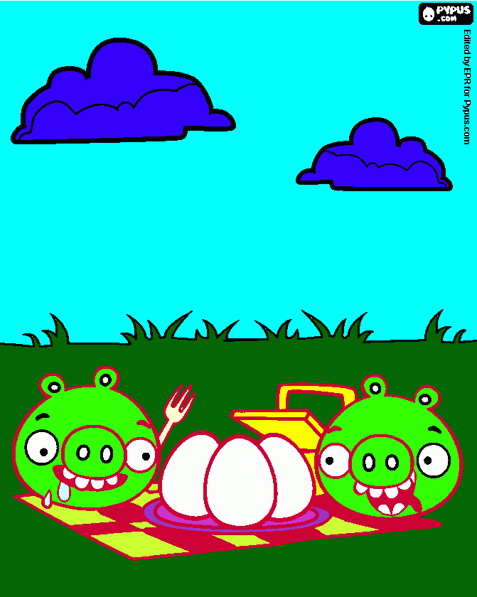 dos cerdos de angry birds a punto de comerse los huevos en un picnic para colorear
