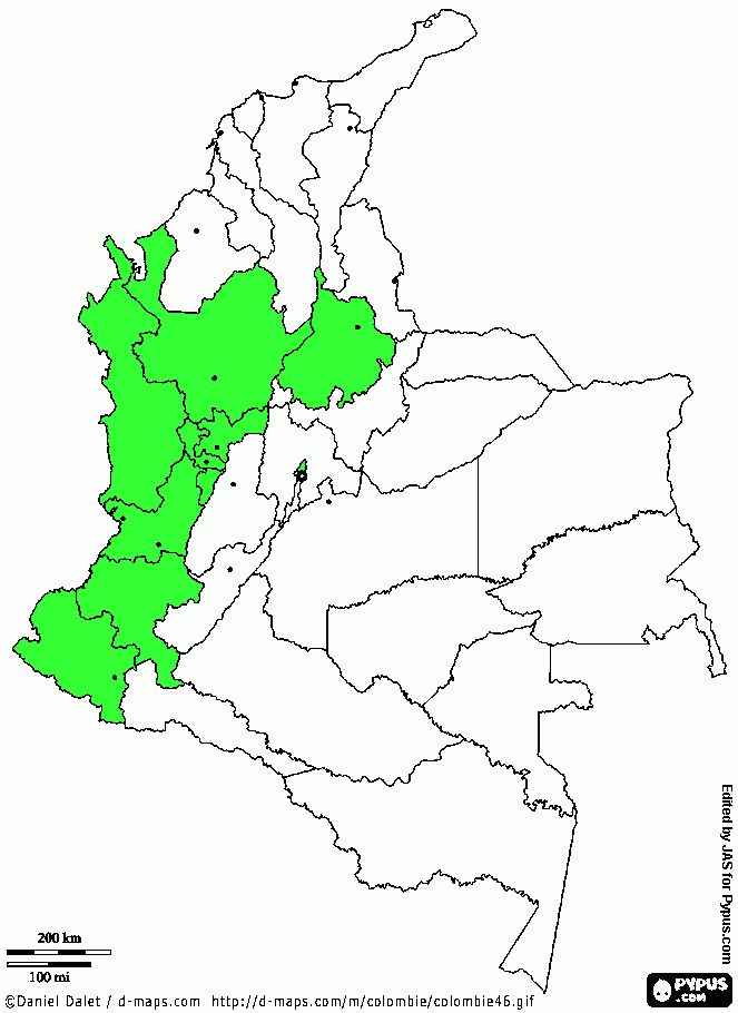 Mapa Alto riesgo en Colombbia para colorear
