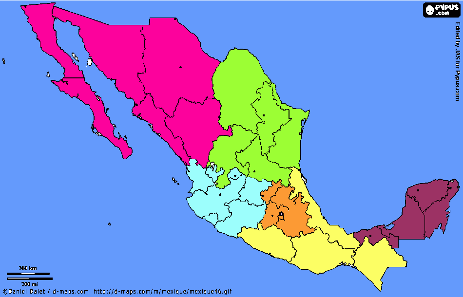 Mapa de regiones turísticas de México para colorear