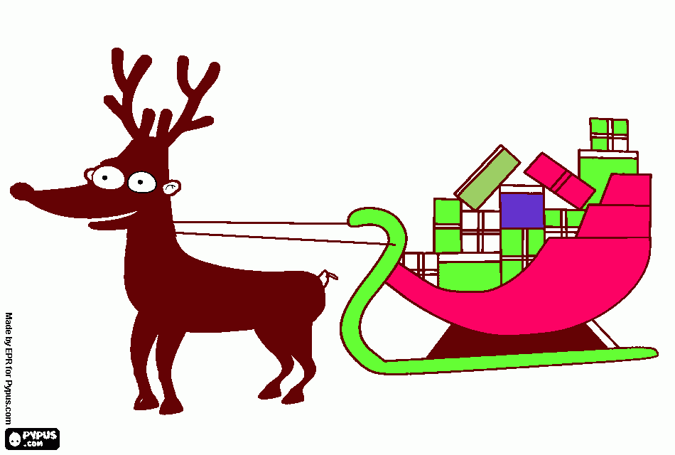 navidad, un trineo con el reno cargado de regalos para colorear