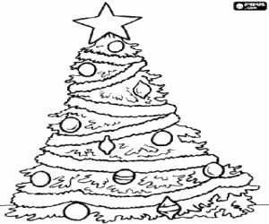 Colorear Abeto de Navidad con las decorativas cintas, bolas y estrella