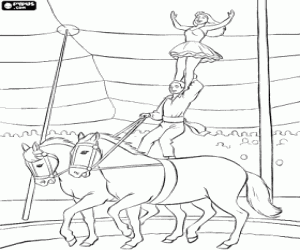 Colorear Actuaci�n en el circo con dos artistas equilibristas, uno encima del otro, sobre dos caballos en movimiento