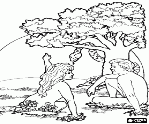 Colorear Ad�n y Eva tentados por la serpiente a comer una manzana