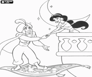 Colorear Aladd�n en la alfombra voladora conversando con la princesa Jasmine en el balc�n bajo la luz de la luna y las estrellas