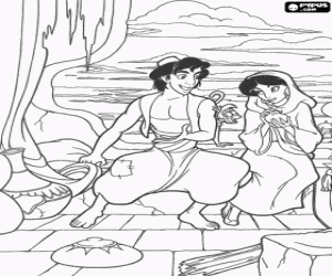 Colorear Aladd�n junto al mono Abu mostrando a Jasmine los tesoros que han encontrado