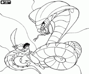 Colorear Aladd�n luchando con su espada contra una gran serpiente