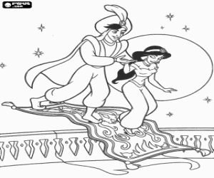 Colorear Aladd�n y Jasmine descendiendo de la alfombra m�gica en una noche de luna llena
