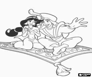 Colorear Aladd�n y Jasmine enamorados en la alfombra voladora