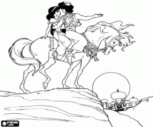 Colorear Aladd�n y Jasmine montando a caballo por los alrededores de palacio