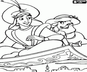 Colorear Aladd�n y Jasmine sobre la ciudad en la m�gica alfombra voladora