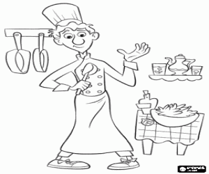 Colorear Alfredo Linguini con su sombrero de cocinero en la cocina del restaurante