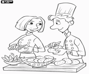 Colorear Alfredo Linguini y Collette Tatou pelando patatas en la cocina del restaurante 