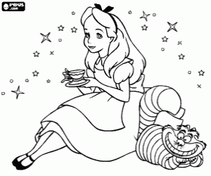 Colorear Alicia con una tacita de t� y con el gato m�gico a su lado