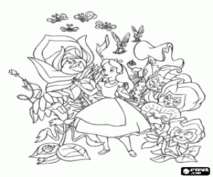Colorear Alicia feliz en el jard�n de las flores animadas