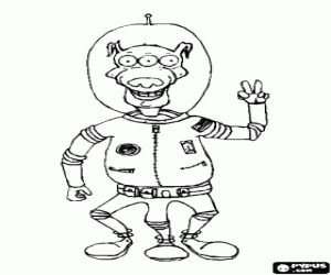 Colorear Alien o extraterrestre con tres ojos y tres piernas vestido de astronauta 