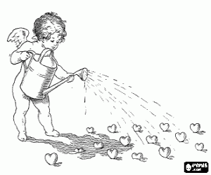 Colorear �ngel del Amor regando un campo de corazones