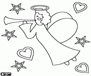 Colorear �ngel tocando la trompeta en un fondo de corazones y estrellas