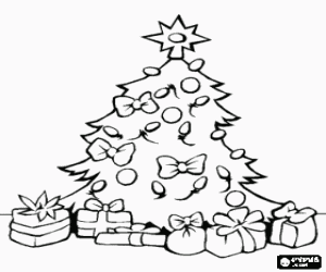 Colorear �rbol de Navidad adornado con bolas, lazos, una gran estrella y con los regalos debajo