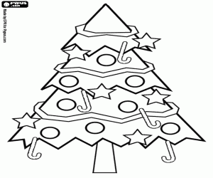 Colorear �rbol de Navidad adornado con estrellas, bolas de colores y bastoncitos de caramelo