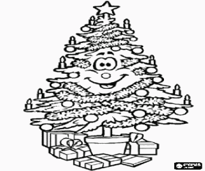 Colorear �rbol de Navidad sonriente y feliz adornado para las fiestas y con regalos debajo