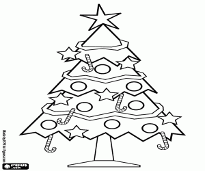Colorear �rbol navide�o adornado con cintas, bolas, palitos de caramelo y estrellas