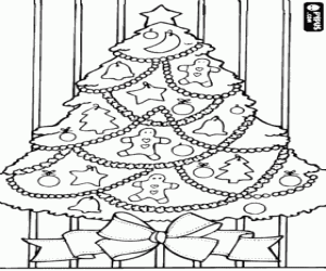 Colorear �rbol navide�o con muchos adornos y un gran lazo
