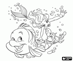 Colorear Ariel, la sirenita nadando alegremente con sus amigos Flounder y Sebasti�n