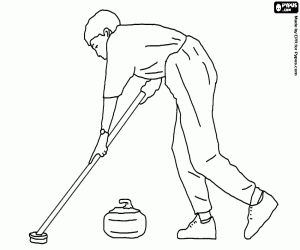 Colorear Atleta practicando el curling, un jugador lanzador lanza un piedra resbalando sobre el hielo hacia una diana y los jugadores con cepillo la acompa�an 