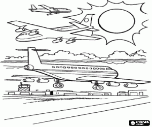 Colorear Aviones aterrizando y sobrevolando el aeropuerto