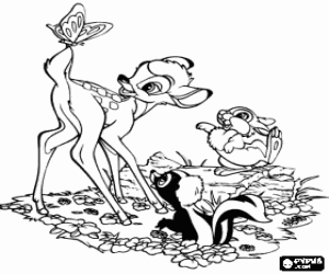 Colorear Bambi con sus amigos Tambor y Flor en el bosque jugando con una mariposa