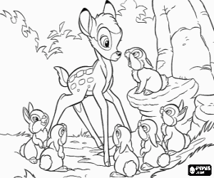 Colorear Bambi hablando con Tambor y sus hermanitos en el bosque