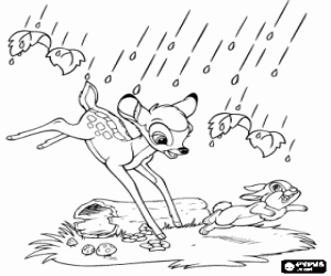 Colorear Bambi y Tambor corriendo para resguardarse de la lluvia