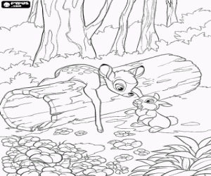 Colorear Bambi y Tambor jugando en el bosque