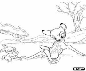 Colorear Bambi y Tambor sobre el lago helado