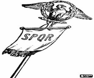 Colorear Bandera o Vexillum del Imperio Romano con el aguila romana y las iniciales del lema nacional Senatus PopulusQue Romanus - El Senado y el pueblo romano