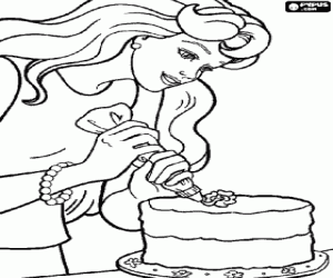 Colorear Barbie adornando un pastel de cumplea�os para Ken