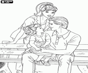 Colorear Barbie con su fam�lia en el parque, su marido Ken y su preciosa hijita