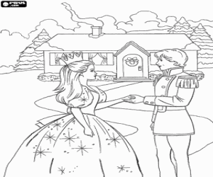 Colorear Barbie con un elegante vestido y el pr�ncipe con su uniforme de gala delante de una casa por Navidad