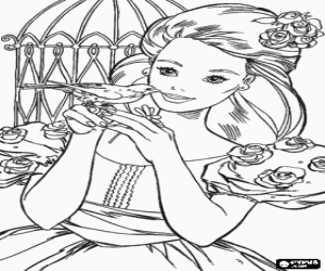 Colorear Barbie con un vestido decorado con rosas sostiene en las manos un peque�o p�jaro al lado de su jaula