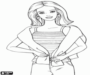 Colorear Barbie guapa con una camiseta de tirantes y un jersey en la espalda