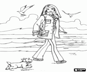 Colorear Barbie paseando por la playa con su perrito