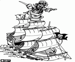 Colorear Barco pirata navegando a toda vela con el capit�n en el puesto de observaci�n o vig�a