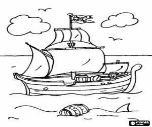 Colorear Barco pirata navegando en alta mar con un tibur�n alrededor