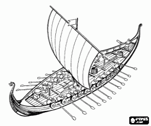 Colorear Barco vikingo o drakkar con todos los remeros en acci�n y la vela hinchada por el viento