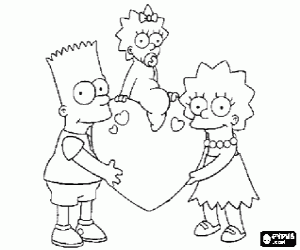 Colorear Bart y Lisa, los hermanos mayores, levantando a la peque�a Magie sobre un coraz�n