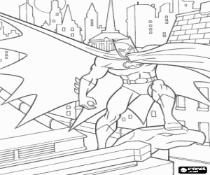 Colorear Batman, el hombre murci�lago, vigilando la ciudad desde la azotea de un edificio de Gotham City 