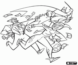 Colorear Batman persiguiendo a sus enemigos el Joker o el Guas�n y Harley Quinn