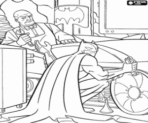 Colorear Batman y su mayordomo trabajando en el Batm�vil o Batmobile