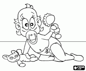 Colorear Beb� gateando con el chupete en la boca, un sonajero y un oso de peluche en las manos